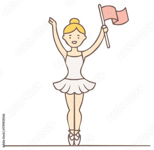 Cute cartoon ballerina in white tutu standing en pointe holding a pink flag triumphantly