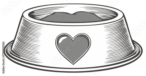 Monochromatic vector illustration of a pet food bowl filled with kibble featuring a heart design