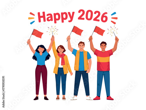 People celebrate the arrival of the new year 2026 with sparklers and flags.