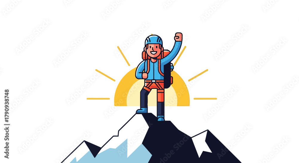 Fototapeta premium Triumphant Climber Reaches Summit, Celebrating Success With Sunlit Background Visualization