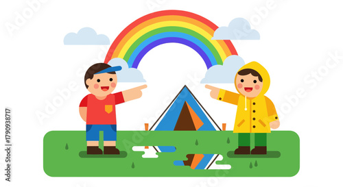 Two Cheerful Children Discovering The End Of The Rainbow Near A Campsite Adventure