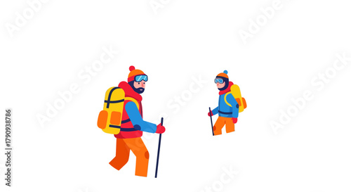 Two Climbers Hiking In The Mountain With Backpacks And Cold Weather Gear For An Adventure