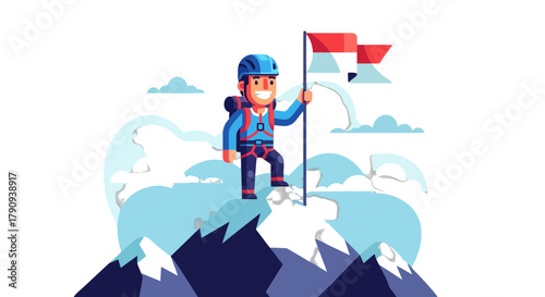 Triumphant Climber Reaching The Summit, Flag Waving, Celebrating Victory and Success