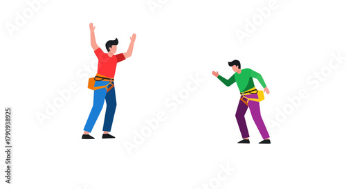 Two Climbers With Their Harnesses Standing Against a Black Backdrop Showing Enthusiasm