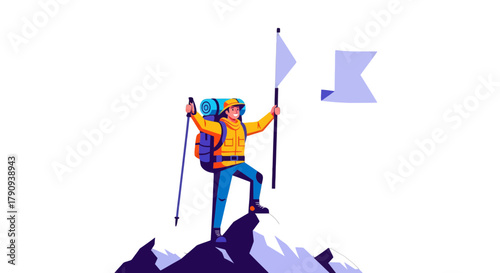 Triumphant Climber Standing Atop Mountain Peak Holding Flag Of Victory