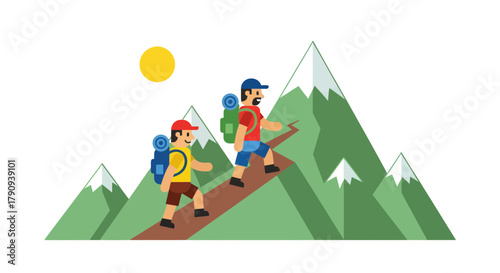 Two Figures Ascend Mountain Trail Under Night Sky, Adventure and Exploration Concept