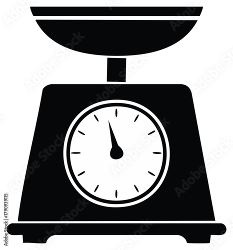 Monochrome illustration of a mechanical balance scale used for kitchen or laboratory measurements and weighing items with a bowl on top for holding materials