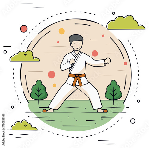 Karateka in Martial Arts Stance with Belt Posing in Outdoor Environment Line Art Illustration