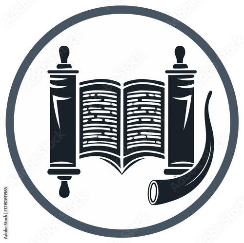 Jewish Torah Scroll with Open Book and Shofar, Religious Icon in a Circle