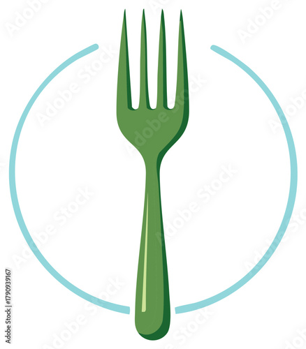 Stylized green dinner fork illustration with a light blue circular arc design element