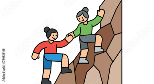 Two Figures Ascending a Rock Wall Demonstrating Teamwork and Physical Achievement