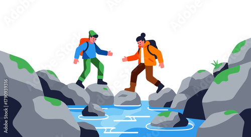 Two Figures Hiking Across Rocky Terrain Demonstrate Teamwork and Partnership.