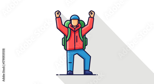 Triumphant Hiker Achieving Peak Elevation With Upraised Arms, Celebrating Success