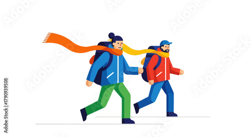 Two Figures Hiking Together, Vector Illustration, Against a Solid Black Background