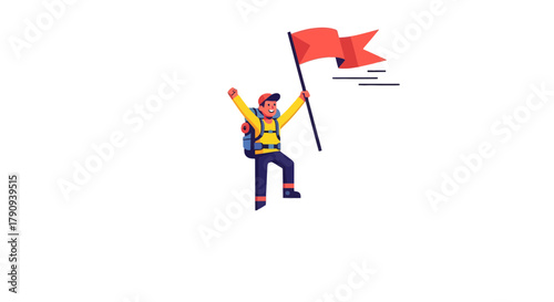Triumphant Hiker Celebrates Success Reaching the Summit Holding a Victory Flag High