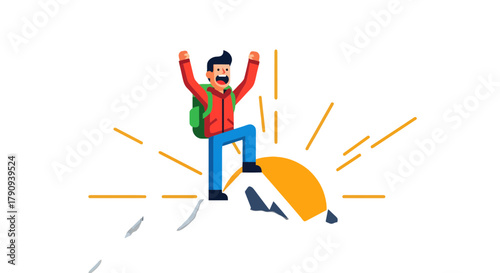 Triumphant Hiker Celebrates Success Upon Mountain Peak Against Dark Background