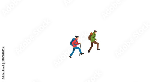 Two Figures Hiking Upward Against a Deep Black Backdrop, Adventure and Exploration