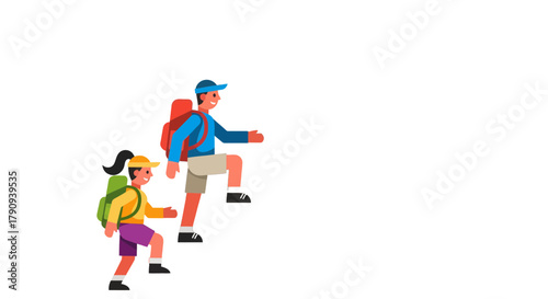 Two Figures Hiking Upward Against a Deep Black Backdrop Illustrating Adventure