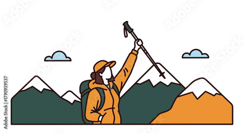 Triumphant Hiker Celebrates Summit Success Amidst Rugged Mountain Scenery Depiction