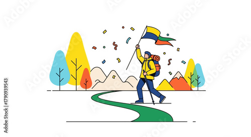 Triumphant Hiker Celebrates With a National Flag Atop the Landscape Reaching New Heights