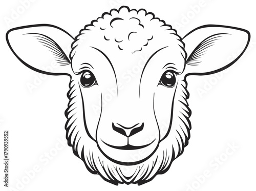 Cute lamb head vector illustration with big innocent eyes black and white line art