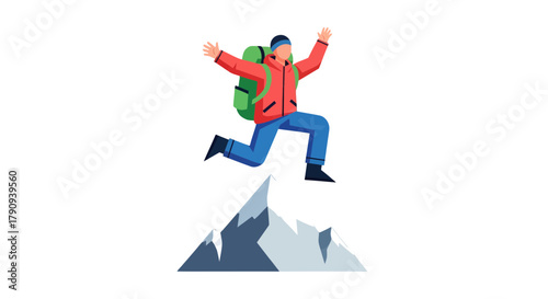 Triumphant Hiker Leaping Above the Mountain Peak with Joy In His Heart