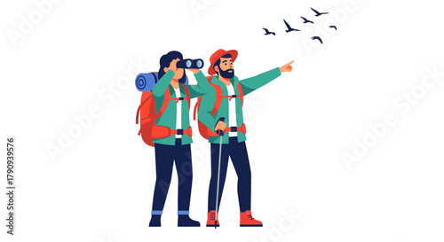 Two Figures Hiking, Exploring With Binoculars and Pointing Toward Flying Birds