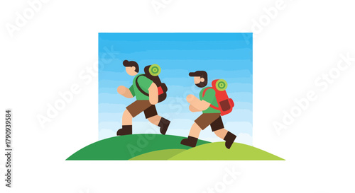 Two Figures Hiking Upward, Illustrating Adventure and Teamwork Against a Blue Sky