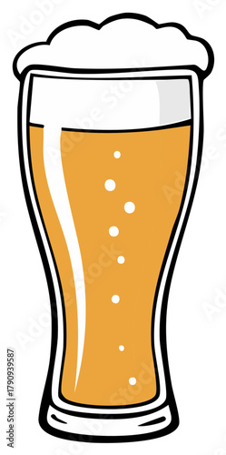 Freshly poured tall glass of cold golden beer with bubbles and frothy foam illustration