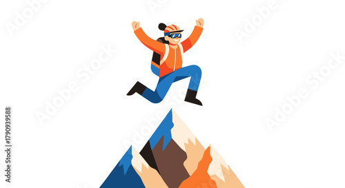 Triumphant Hiker Leaping Over Mountain Peaks Under Jet Black Sky