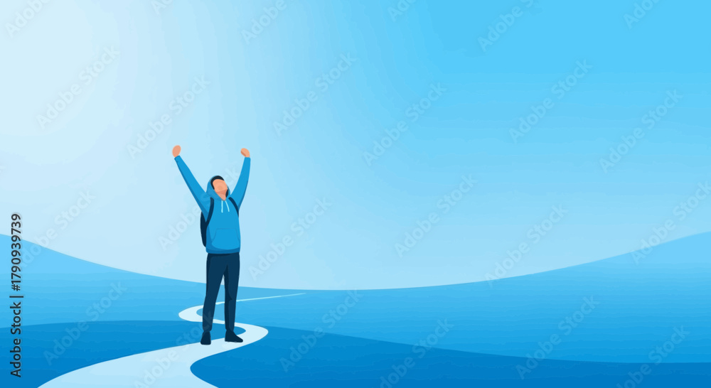 Obraz premium Triumphant Hiker On Path Reaching Success, Joyful Celebration Against Vibrant Blue Backdrop