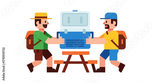 Two Figures Transporting Cooler, Outdoor Recreation Picnic, and Adventure Together