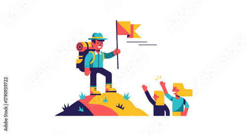 Triumphant Hiker On Summit Celebrated By Enthusiastic Supporters Overcoming Challenges