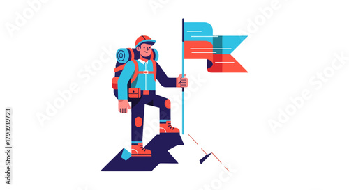 Triumphant Hiker On Summit Achieving Success With A Symbolic Flag Illustration