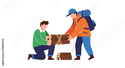 Two Figures Transporting Wood Resources for Hiking, Camping, or Outdoor Adventures Activities
