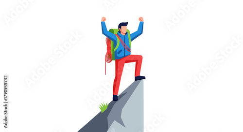 Triumphant Hiker On Summit: A Vivid Animated Illustration of Achievement