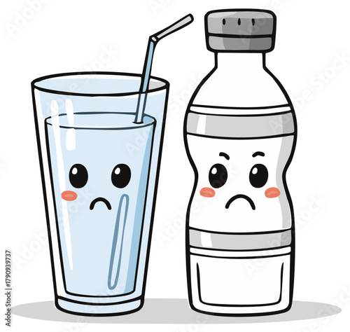 Cartoon Water Bottle and Glass with Sad Faces and Straw Illustrating Emotions and Hydration on a White Background