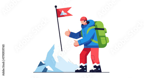 Triumphant Hiker On Summit Celebrates Flag Placement And Overcomes Challenges Through Adventure