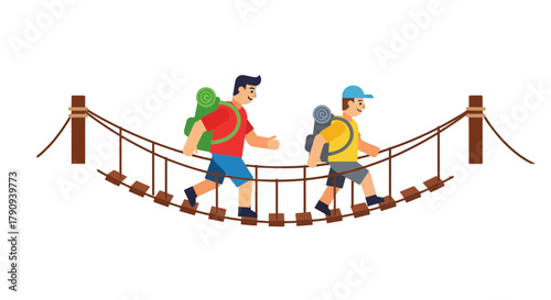 Two Figures Traverse Suspended Bridge, Embarking on Adventurous Journey in Uncharted Territory