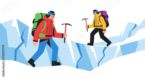 Two Figures Traverse Icy Terrain, Displaying Outdoor Adventure and Courageous Exploration