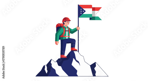 Triumphant Hiker On Summit: Flag Waving, Conquering Heights, Achievement Concept