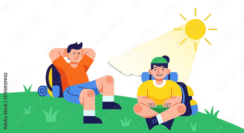 Fototapeta premium Two Friends Enjoying A Sunny Day Outdoors Together While Hiking with Backpacks