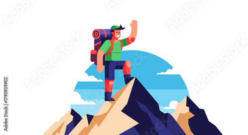 Triumphant Hiker On Summit Reaching Success Exploring Mountain Adventure Artwork
