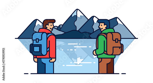Two Friends Enjoying A Mountain Vista With Backpacks And The Reflection On Water