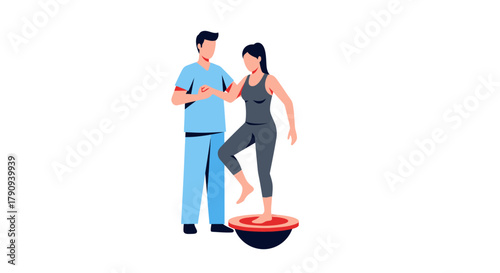 Physiotherapist guiding woman to balance on Bosu ball, balance training for patient's recovery and wellness, promoting health and rehabilitation