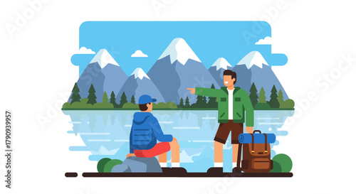 Two Friends Enjoying A Scenic Mountain View While Hiking Adventure Together