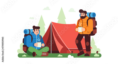 Two Friends Enjoying Camping Trip, Relaxing With Coffee Near The Tent at Night