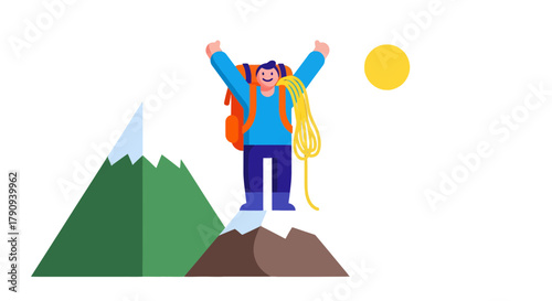 Triumphant Hiker On Summit Reaching Success While Celebrating The Mountain Ascend