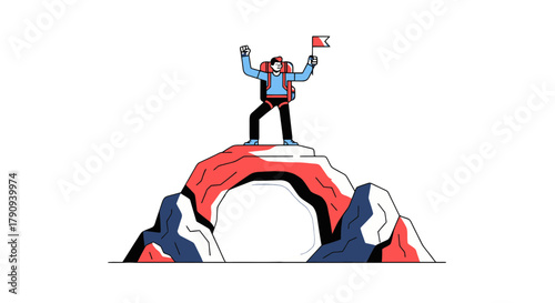 Triumphant Hiker On Summit Reaching Success With Flag On Top Of Mountain Peak