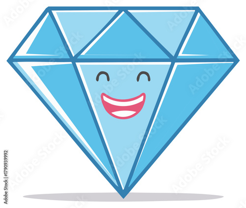 Happy cartoon diamond gemstone, precious blue jewel smiling and joyful